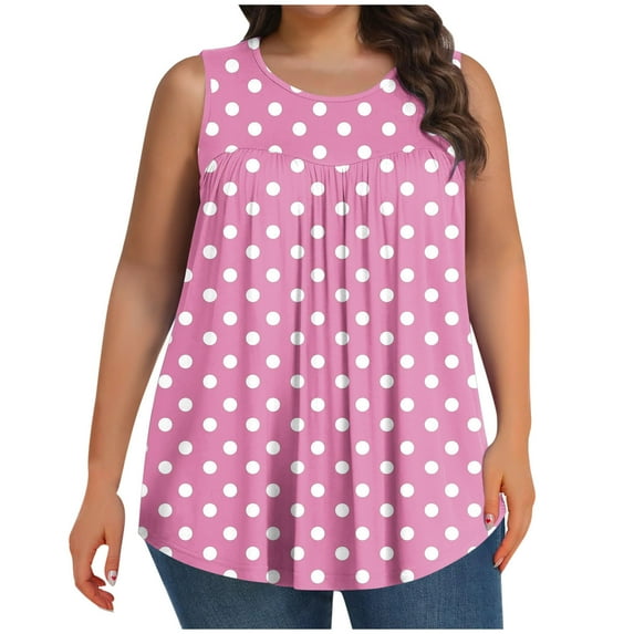 Besolor Plus Size Tank Tops for Women Polka Dots Crewneck Sleeveless Shirts Pleated Casual Loose Summer Blouse Tees