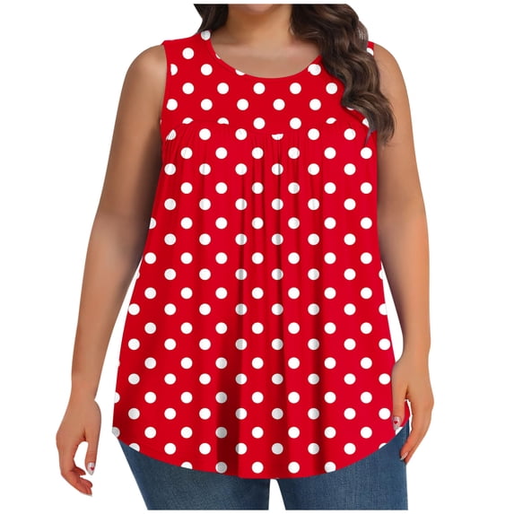 Besolor Plus Size Tank Tops for Women Polka Dots Crewneck Sleeveless Shirts Pleated Casual Loose Summer Blouse Tees