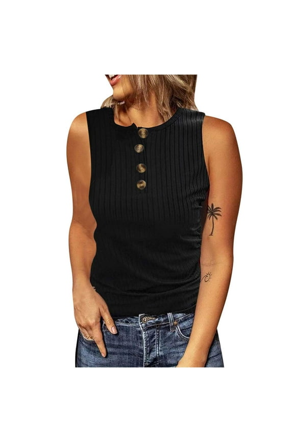 Plus Size Tank Tops for Women Quarter Button Crewneck Ribble Knitted Slim Fitted Cami Shirt