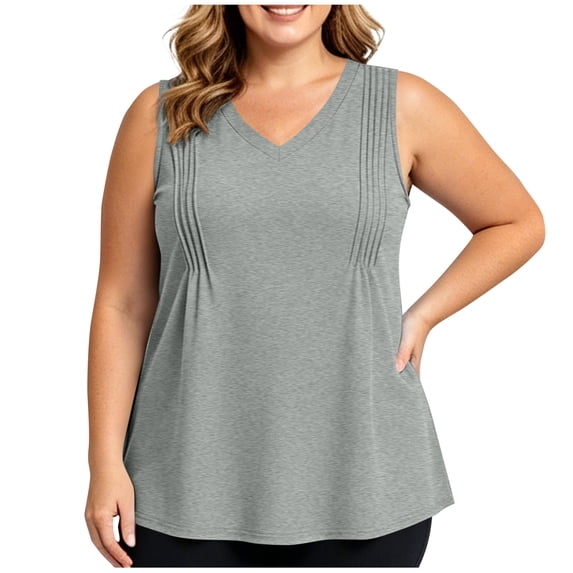 Besolor Plus Size Tank Tops for Women Summer V Neck Sleeveless Basic Tees Shirts Pleated Loose Casual Oversized T-Shirt Tanks(LargeGray)