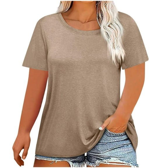 Besolor Plus Size Tops for Women Crew Neck Short Sleeve Basic T Shirts Casual Loose Solid Color Dressy Blouse