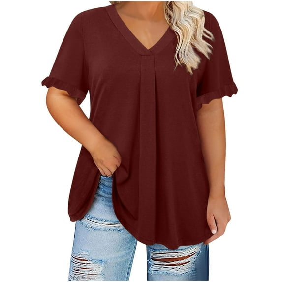 Besolor Plus Size Tops for Women V Neck Ruffle Short Sleeve Shirts Casual Loose Flowy Summer Blouse Tees