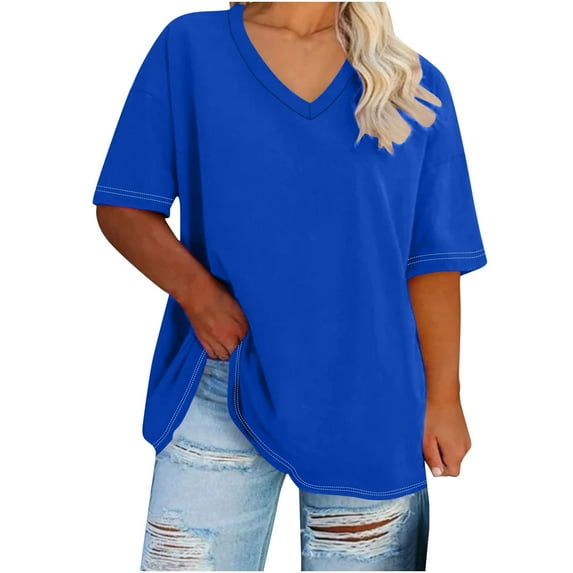 Besolor Plus Size Tops for Women V Neck Short Sleeve Summer Basic Tee Shirts Casual Solid Color Blouse S-5XL
