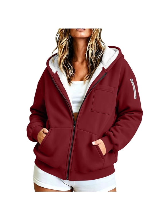 Plus Size Zip up Hoodies for Women Winter Fuzzy Fleece Thick Warm Casual Long Sleeve Jacket Oversized Sweatshirts with Pockets(Large,Wine)