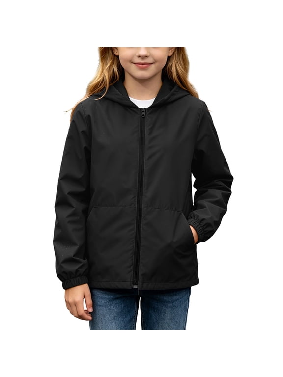Rain Jacket for Kids Girls Lightweight Casual Long Sleeve Zipper Hooded Outdoor Waterproof Windproof Jackets with Pockets(11-12 Years,Black)