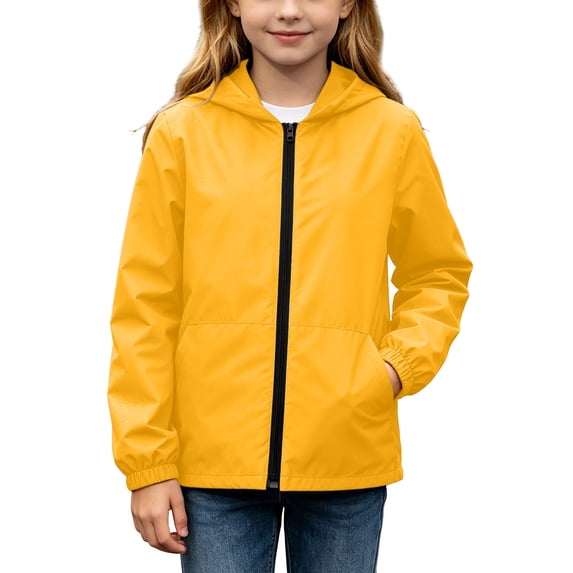 Besolor Rain Jacket for Kids Girls Lightweight Casual Long Sleeve Zipper Hooded Outdoor Waterproof Windproof Jackets with Pockets(15-16 Years,Yellow)