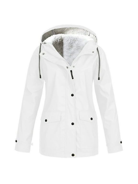 Raincoat for Women Warm Winter Windbreaker Fleece Lined Zip-Up Hooded Coats Outdoor Waterproof Rain Jacket(3X-Large,White)
