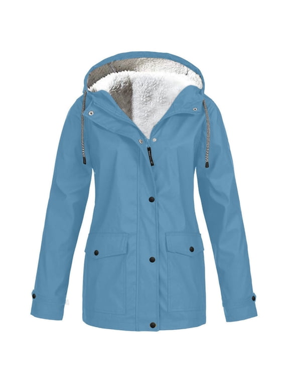 Raincoat for Women Warm Winter Windbreaker Fleece Lined Zip-Up Hooded Coats Outdoor Waterproof Rain Jacket(4X-Large,Blue2)