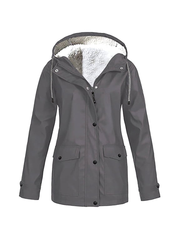 Raincoat for Women Warm Winter Windbreaker Fleece Lined Zip-Up Hooded Coats Outdoor Waterproof Rain Jacket(Small,Gray 2)