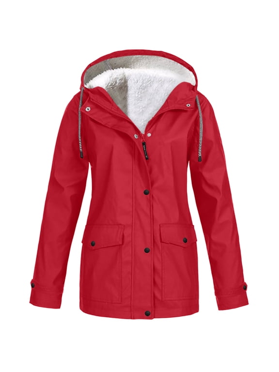 Raincoat for Women Warm Winter Windbreaker Fleece Lined Zip-Up Hooded Coats Outdoor Waterproof Rain Jacket(Small,Red)