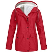 Besolor Raincoat for Women Warm Winter Windbreaker Fleece Lined Zip-Up Hooded Coats Plus Size Outdoor Rain Jacket
