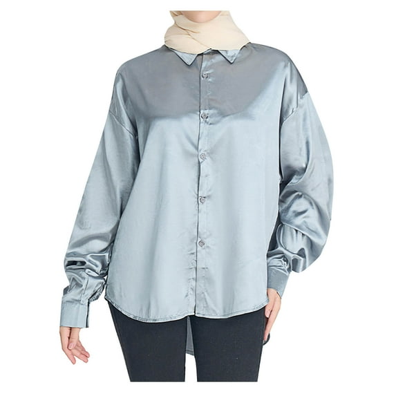 Besolor Satin Silk Women Button down Shirt Long Sleeve V Neck Oversized Tee Shirts Casual Work Office Blouse Tunic Tops
