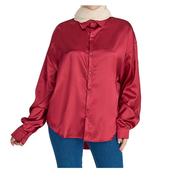 Besolor Satin Silk Women Button down Shirt Long Sleeve V Neck Oversized Tee Shirts Casual Work Office Blouse Tunic Tops