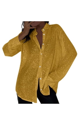Sequin Button down Shirt for Women Long Sleeve Glitter Sparkly Tops Party Night out Ladies Blouse