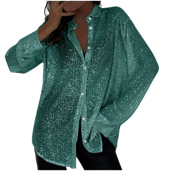 Besolor Sequin Button down Shirt for Women Long Sleeve Glitter Sparkly Tops Party Night out Ladies Blouse