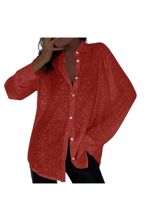 Sequin Button down Shirt for Women Long Sleeve Glitter Sparkly Tops Party Night out Ladies Blouse