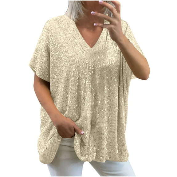 Besolor Sequin Tops for Women V Neck Short Sleeve Sparkly Shimmer Blouses Casual Loose Party Club Tee Shirts