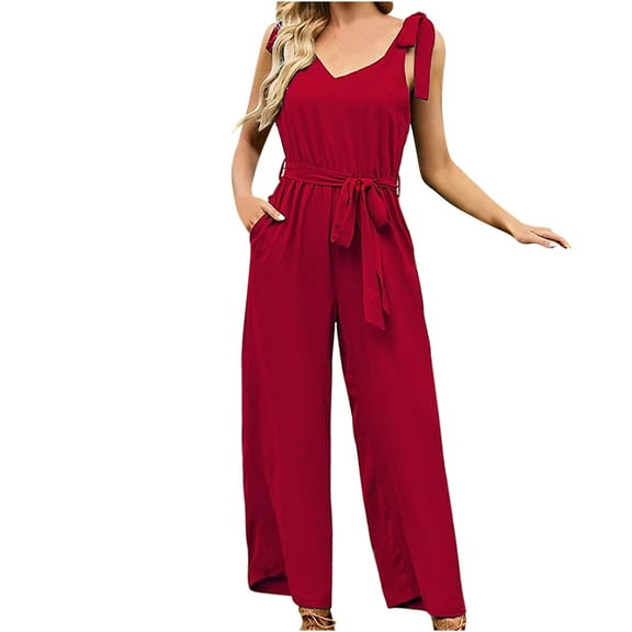 Besolor Sleeveless Jumpsuits for Women Knot Straps V Neck Belted Wide Leg Business Rompers for Casual Work with Pockets