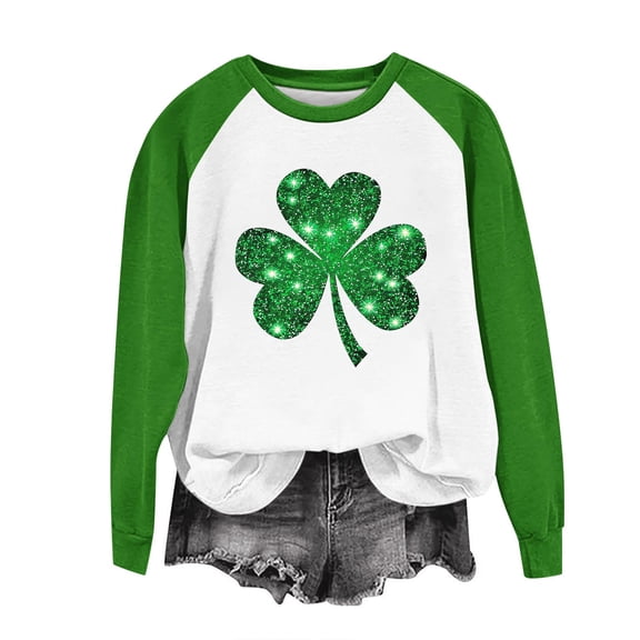 Besolor St. Patrick's Day Sweatshirt for Women Shamrock Pullover Tops Raglan Long Sleeve Plus Size Graphic Blouses