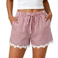 thumbnail image 1 of Besolor Striped Shorts for Women High Waisted Drawstring Wide Leg Lace Patchwork Lightweight Casual Summer Beach Shorts with Pocket, 1 of 7