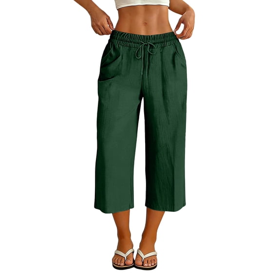 Besolor Summer Capris for Women Wide Leg Elastic Waisted Drawstring Casual Loose Lightweight Daily Wear Beach Capri Pants with Pockets