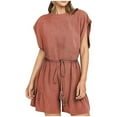 thumbnail image 1 of Besolor Summer Cotton Linen Rompers for Women Short Sleeve Casual Loose Wide Leg Shorts Outfits Elastic Waist Beach Jumpsuits, 1 of 6