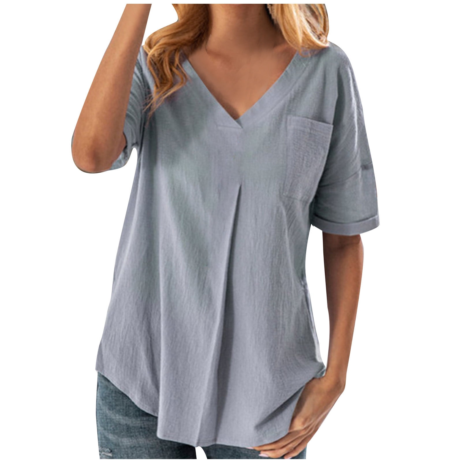 Besolor Summer Cotton Linen Shirts for Women V Neck Oversized Tops ...