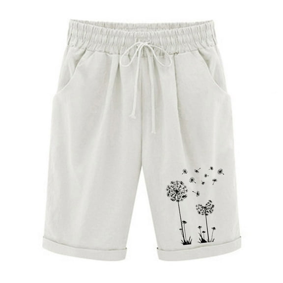 Besolor Summer Cotton Linen Shorts for Women Printed Elastic Waist Drawstring Knee Length Bermuda Shorts with Pockets