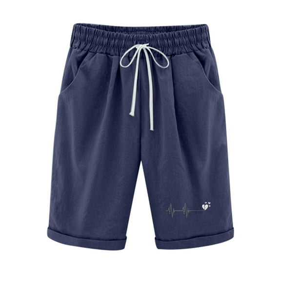 Besolor Summer Cotton Linen Shorts for Women Printed Elastic Waist Drawstring Knee Length Bermuda Shorts with Pockets