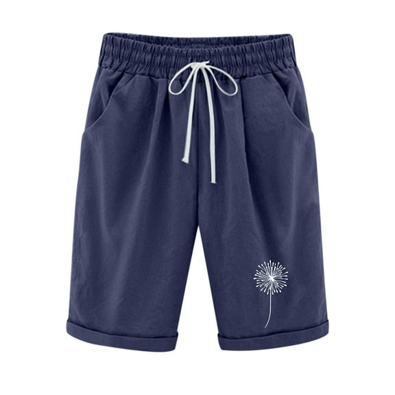Besolor Summer Cotton Linen Shorts for Women Printed Elastic Waist Drawstring Knee Length Bermuda Shorts with Pockets