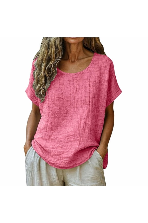 Summer Cotton Linen Tops for Women Short Sleeve Crewneck Casual Loose Lightweight Thin T-Shirts Top