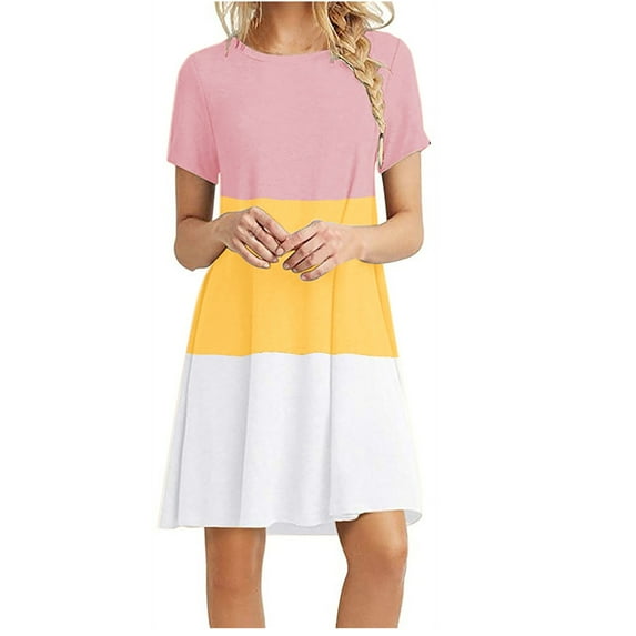 Besolor Summer Dresses for Women 2024 Color Block Crewneck Short Sleeve A-Line Flowy Beach Mini T-Shirt Dress