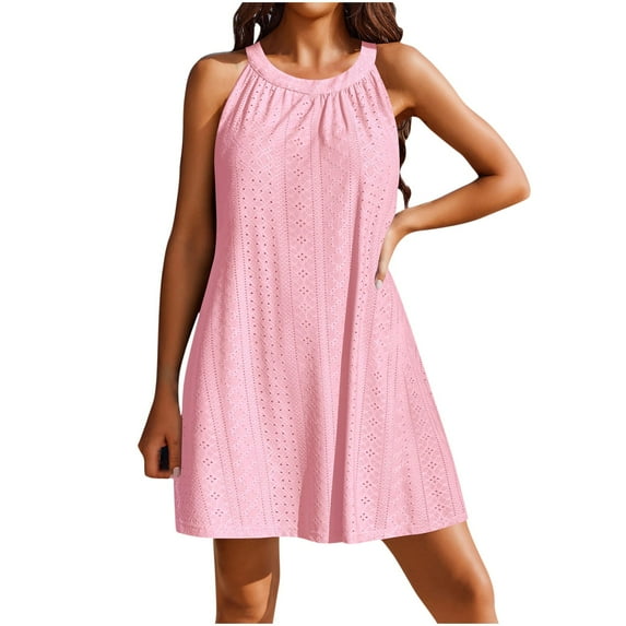 Besolor Summer Dresses for Women Crewneck Sleeveless Eyelet Sundress Casual Solid Color Beach Mini Dress