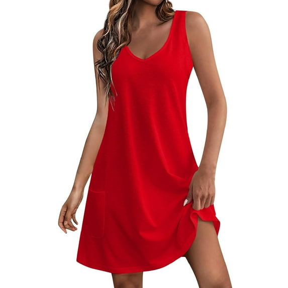 Besolor Summer Dresses for Women V Neck Sleeveless Sundress Casual A-Line Beach Mini Dress with Pockets
