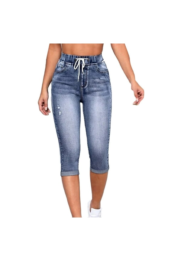 Summer Jeans for Women Knee Length Short Pants Elastic Drawstring High Waisted Skinny Denim Shorts