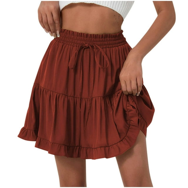 Besolor Summer Mini Skirt for Women Drawstring Elastic Waist Ruffle Pleated A-Line Flowy Beach Short Skirts