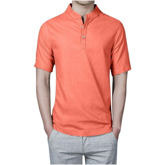 Besolor Summer Shirts for Men Stand Collar Buttton Short Sleeve Tops Casual Solid Color Plus Size Blouse Tees