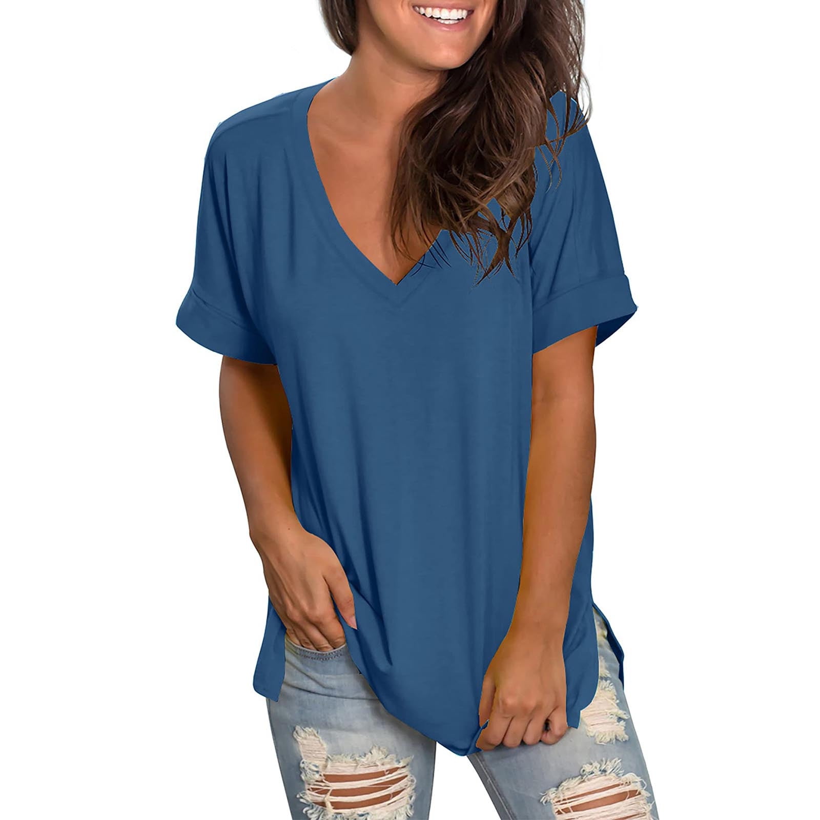 Besolor Summer Shirts for Women V Neck Short Sleeve Tunic Tops Side ...