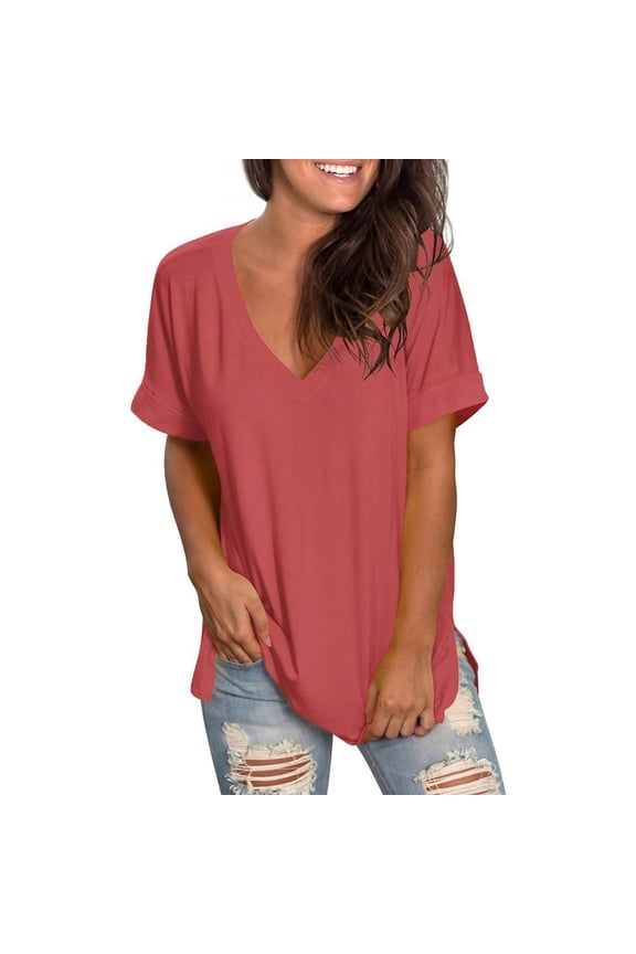 Summer Shirts for Women V Neck Short Sleeve Tunic Tops Side Split Casual Loose Dressy Blouses