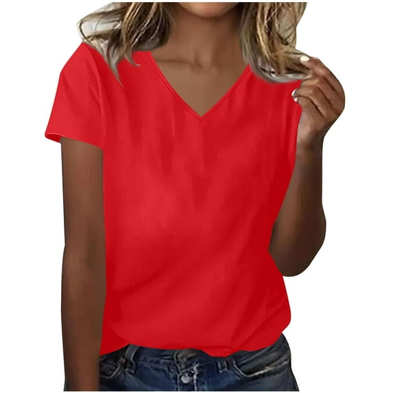 Besolor Summer Short Sleeve Shirts for Women Casual V Neck Solid Color Basic Tees Ladies Going out Tops