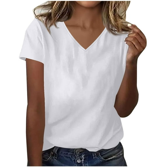 Besolor Summer Short Sleeve Shirts for Women Casual V Neck Solid Color Basic Tees Ladies Going out Tops