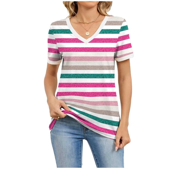 Besolor Summer Short Sleeve Tops for Women Casual Loose V Neck Striped T-Shirts Lightweight Basic Tees Top