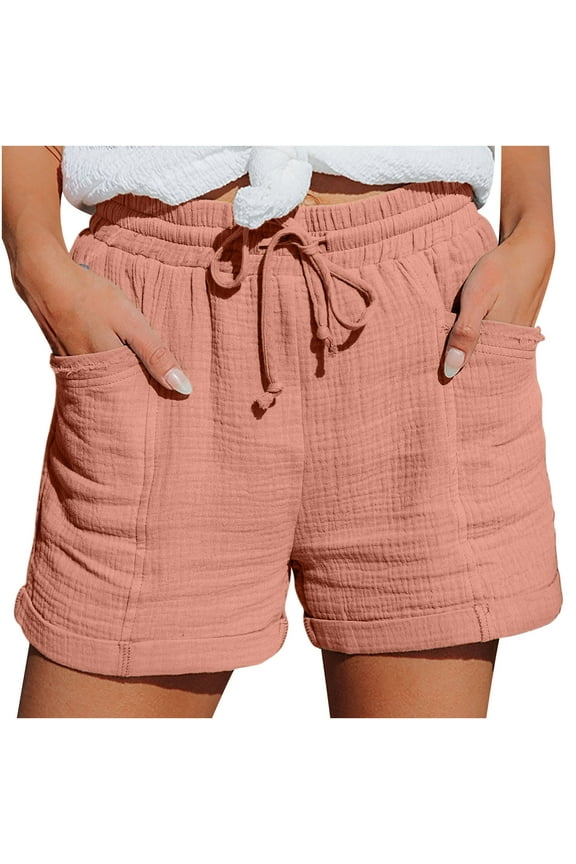 Summer Shorts for Women Casual Loose Elastic Waist Drawstring Lightweight Cotton Linen Shorts with Pockets