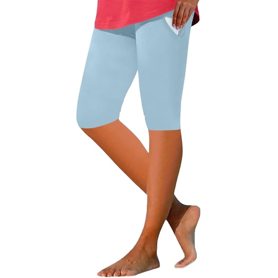 Besolor Summer Shorts for Women Elastic Waisted Summer Knee Length Stretch Slim Fitting Comfy Bottom Workout Yoga Leggings with Pockets