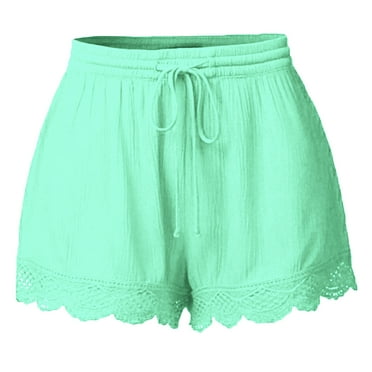 Besolor Summer Shorts for Women Lace Trim Elastic Waist Drawstring Plus Size Shorts Casual Comfy Beach Lounge Shorts