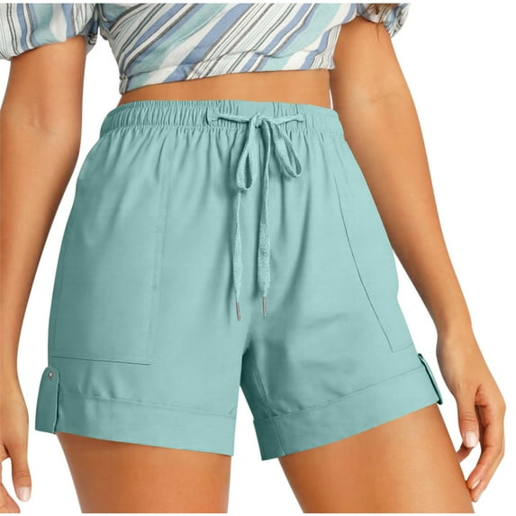 Besolor Summer Shorts for Women Plus Size Elastic Waist Drawstring Roll up Bermuda Beach Loungewear Shorts with Pockets