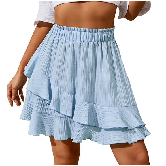 Besolor Summer Skirt for Women Boho Elastic High Waist Solid Color Ruffle Casual A Line Flowy Beach Short Mini Skirts