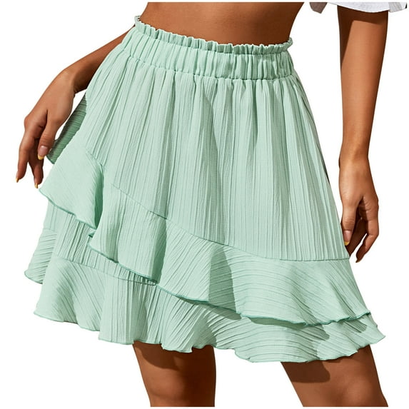 Besolor Summer Skirt for Women Boho Elastic High Waist Solid Color Ruffle Casual A Line Flowy Beach Short Mini Skirts