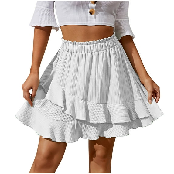 Summer Skirt for Women Boho Elastic High Waist Solid Color Ruffle Casual A Line Swing Beach Short Mini Skirt