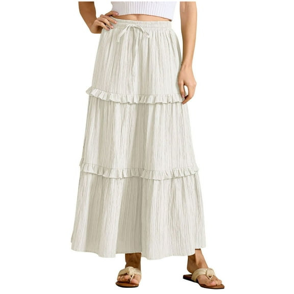 Besolor Summer Skirts for Women Boho Ruffle Tiered Maxi Skirt Drawstring High Waisted a Line Flowy Long Skirt